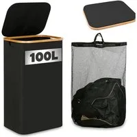SURFOU Wäschekorb Wäschesammler mit Deckel Laundry Baskets Waschesammelbox Wäschetonne (100L Große Speicherkapazität Faltbarer Wäschesack aus Oxford-Gewebe Bambus Wäschebox mit Griff, Grau/Schwarz, Laundry Baskets, Wäschetonne für Schmutzwäsche, mit 