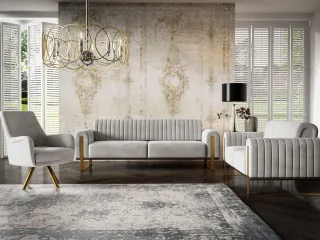 Sofaset Designersofas VALERIE 3-2-1 in Stoff Stoff Elisa Velvet Hellgrau
