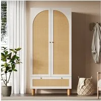 i@home Kleiderschrank Landhausstil mit Rattan-Türen (mit Kleiderstange, höhenverstellbare Regale, 1-St., große Schublade, 180×85×52 cm Weiß) Garderobenschrank für Schlafzimmer & Eingangsbereich