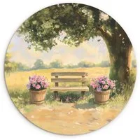 MuchoWow Gemälde Holzbank - Blumentöpfe - Landschaft, Fotodruck (1 St), Kreis Wanddekoration, Rundes Wandbild, 30x30 cm