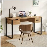 Merax Schreibtisch 130x55x76cm, Minimalistischer Bürotisch (1-St., Mit 3 Schubladen), Stahl Holz Schreibtisch Mit Metallrahmen, Computertisch