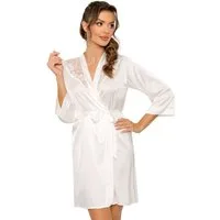 Donna Morgenmantel Kimono aus edlem Seidensatin-Stretch, Seiden-Satin, Kimono-Kragen, Gürtel, Kurzform, Kimono-Kragen, Bindegürtel, mit Spitzeneinsätzen