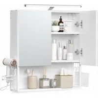 VASAGLE Spiegelschrank Badezimmerschrank, Badschrank, Wandschrank (mit LED-Beleuchtung) mit Stecker, Hängekorb, Haartrockner-Halter