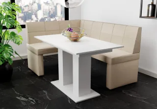 Eckbankgruppe 168x128 cm BLAKE R Stoff Soro Creme / Esstisch DANTE Weiß
