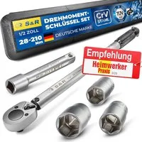 S&R Drehmomentschlüssel Set 475mm, 1/2", 28-210 Nm, aus Chrom-Vanadium, Umschaltbare Ratsche (Set, 5 St., + Verlängerung 125 mm, 3 Stecknüsse 17, 19, 21 mm), Reifenschlüsse fürs Auto, Fahrrad etc, TÜV geprüft GS bruchfeste Nüsse