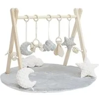 LuMali Baby Gym Holz Spielbogen klappbar 8 Spielzeuge Matte 41x58x49cm Naturholz, (5 Anhänger Spielmatte 78cm Baumwollschnüre Montageset), Spieltrapez Neugeborene sensorisch Spielmatte 78cm wendbar ab Geburt