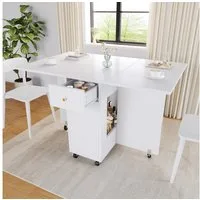 OKWISH Esstisch 120x75x75 cm mit klappbaren Platten & Schubladen – Weiß (Packung, 1-St., Mobile Küchenfläche in Weiß, ideal für Wohn- & Esszimmer), 2 Schubladen & offener Stauraum, Rollen mit Bremse
