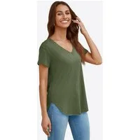 Imily Bela T-Shirt Damen V-Ausschnitt mit verlängertem, gerundetem Saum (Packung, 1-tlg., 1per-Pack) in Unifarbe