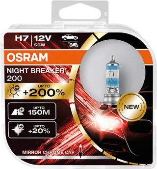 2 Stück OSRAM NIGHT BREAKER 200 +200% Lampen Birnen für Scheinwerfer / Fassung H7 / VERCHROMTE LAMPENSPITZEN
