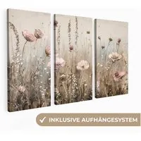 MuchoWow Leinwandbild Blumen - Beige - Modern - Rosa, Fotodruck (3 St), Wand Bilder 3 Set, Deko Schlafzimmer Wohnzimmer Flur 60x40 cm