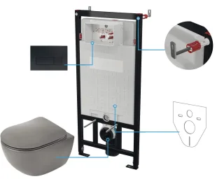 Neuesbad Anthrazit Wand-WC RIMLESS + WC-Sitz + Vorwandelement + CONTROL BUTTON SLIM Schwarz NB1DECDENDZPW1