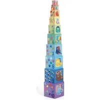 DJECO Stapelspielzeug Stapelturm mit 10 vielseitigen Würfeln und tollen Motiven