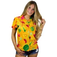 King Kameha Hawaiihemd Flamingo Melone Funky Hawaiibluse Damen Kurzarm Front-Tasche Stylish