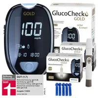 GlucoCheck Blutzuckermessgerät GlucoCheck GOLD Starter-Set mit 110 Teststreifen mg/dl