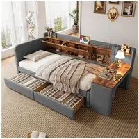 SOFTWEARY Stauraumbett mit Schreibtisch (90x200 cm, Lattenrost, Regal, Schubladen, USB und Type-C Anschluss), Einzelbett, Polsterbett, Leinen