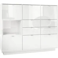 Vladon Highboard Metro V2 (Highboard, mit 6 Türen, 4 Schubladen und 1 offenem Fach), Weiß Hochglanz (153 x 123 x 37 cm)