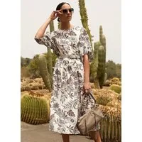 MADELEINE Maxikleid Viskosekleid mit floralem Design Sommerkleid mit Rundhals mit Schlitz, Bindeband, Knielänge und Halbarm