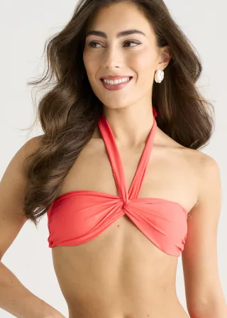 Orangefarbenes Neckholder-Bikini-Oberteil mit Twist-Front