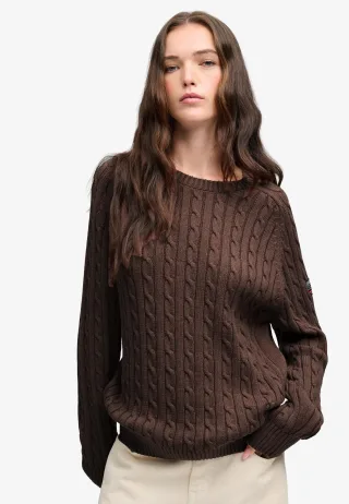 Superdry - Lässiger Zopfmuster-Pullover Schokoladenbraun meliert - Gr. - 10