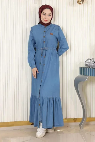 Taillenschnürung Geknöpft Denim Kleid Hellblau