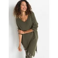 bonprix Strickpullover mit asymmetrischem Saum, Oversized Passform, tiefer V-Ausschnitt