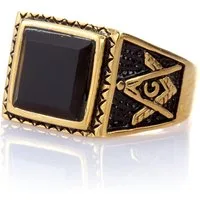 Karisma Fingerring Karisma Gold Edelstahl 316L Männer Ring - Motiv Freimaurer, mit Schwarzem Stein - RHC9474G Breite 14mm
