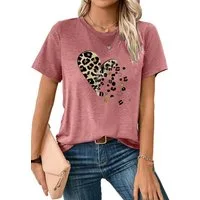 PYLIKE Kurzarmshirt Damen bequemes Sommer Kurzarmbluse Locker Leopardenherz Print-Shirt Bequem für Freizeit und Büro