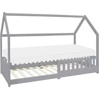 ML-DESIGN Spielbett Hausbett Kinderbett inkl. Lattenrost kreativ Bodenbett für Kinder, Abenteuerbett mit Rausfallschutz Kiefer Hellgrau Himmelbett Bettenhaus