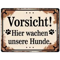 speecheese Metallschild Vorsicht Hier wachen unsere Hunde Metallschild XL in 21x28 cm