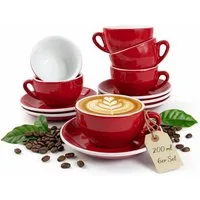 MUVELL Cappuccinotasse 6er Cappuccino-Set "ROM" inkl. Tasse 200ml + Untertasse, rot, 6-tlg., Keramik, 200 ml rot mit weißen Rand und Innenfläche