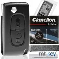 mt-key Klapp Schlüssel Reparatur Gehäuse 2 Tasten + HU83 Rohling + 1x CR1620 Knopfzelle, CR1620 (3 V), für Peugeot Citroen 208 207 307 308 FIAT Funk Fernbedienung