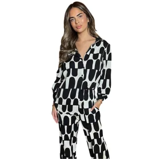 AX Paris - Hemd für Damen, 3/4 Ärmel (Schwarz/Cremefarbe)