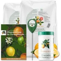 Meine Orangerie Gartenpflege-Set Citrus Pflegepaket Mezzo - mittleres Pflegeset für Zitruspflanzen, inkl. Zitrusdünger, Zitruserde, Feuchtigkeitsmesser & Pflegebroschüre