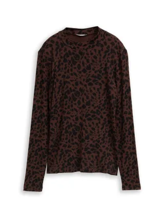 Tom Tailor - Slim Fit Langarmshirt mit Muster brown black small leo print - Gr. - XXXL