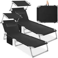 tectake Gartenliege Sonnenliege mit Seitentasche und Kopfpolster, 190 x 68 x 111cm, Balkonliege Chloé, mit Seitentasche, 2 St., für Außen in Schwarz, klappbar, verstellbar, widerstandsfähig und UV-beständig