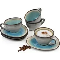 SÄNGER Kaffeeservice Capri Kaffeetassen Set Türkis Blau mit Grauem Rand (8-tlg), 4 Personen, Steingut, 230 ml, Handmade, Premium Collection