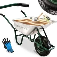Juskys Schubkarre Garden, 100L, bis 250 kg, Luftreifen, verzinkte Wanne, inkl. Handschuhe