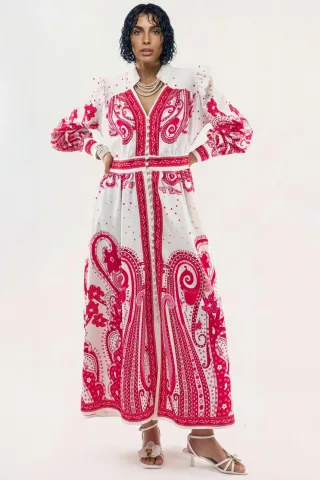 V-Ausschnitt Paisley Maxikleid mit Schlitz