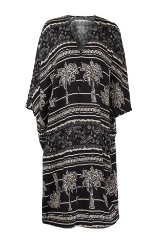 Schwarzes bedrucktes Midi-Strandkleid mit Spaghettiträgern in Übergröße für Damen
