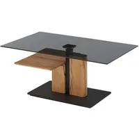 Couchtisch DALKOR, Braun, Grau, Schwarz, Glasplatte, Eichenholz massiv und geölt, Höhnverstellbar, B 105 x T 65 cm