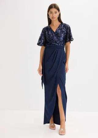 bonprix Maxikleid mit Paillettenstickerei, blau, Gr.38, Bezauberndes Abendkleid in Maxi-Länge im Wickel-Optik und mit Pailettenstickerei