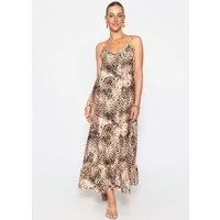 SASSYCLASSY Maxikleid Maxikleid mit Leo-Muster für Damen Luftiges Trägerkleid mit Volantabschluss und V-Ausschnitt Braun