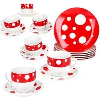 MamboCat Kaffeeservice 18tlg Kaffeeservice Pula rot Porzellan 6 Pers. Tassen Teller Punkte, Porzellan