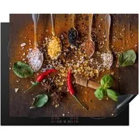 MuchoWow Herd-Abdeckplatte Löffel - Kräuter - Chili - Gewürze - Salz, Vinyl, (1 tlg), Abdeckung Induktionskochfeld Schutzmatte, Küche Deko, 65x52 cm