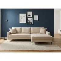 Massivart® Ecksofa Cord Creme 276 × 173 cm / Nosagunterfederung / Model SUMMER, echt bezogener Rücken · inkl. Kissen Set · Metallfüße schwarz
