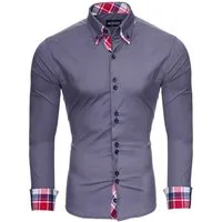 Reslad Langarmhemd Reslad Herren Hemd Button-Down Slim Fit Kontrast Langarmhemd RS-7015 (3-tlg., Hemd) Doppelkragen Kontrast Karo Muster Hemden