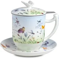 TeaLogic Tasse Papillon Teetasse, Untertasse, Teefilter, Deckel Fine Bone China 0,35L, 1-tlg., 4-tlg.