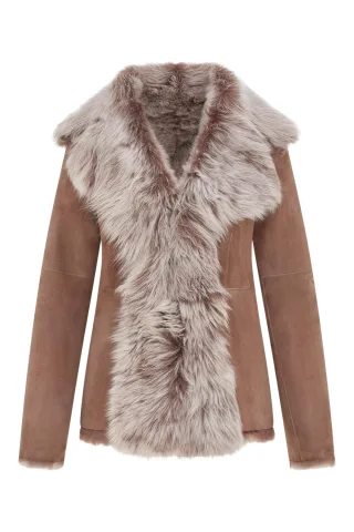 Damenjacke aus taupefarbenem Schaffell „Toscana Shearling“ aus Wildleder – Noiré