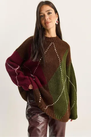 Übergroßer Strickpullover mit Rautenmuster