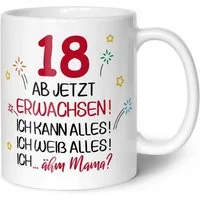 GRAVURZEILE Tasse mit Spruch - 18 ab jetzt erwachsen - Geschenk für Mädchen & Jungen, zum 18. Geburtstag - Geburtstagsgeschenk - Weiß
